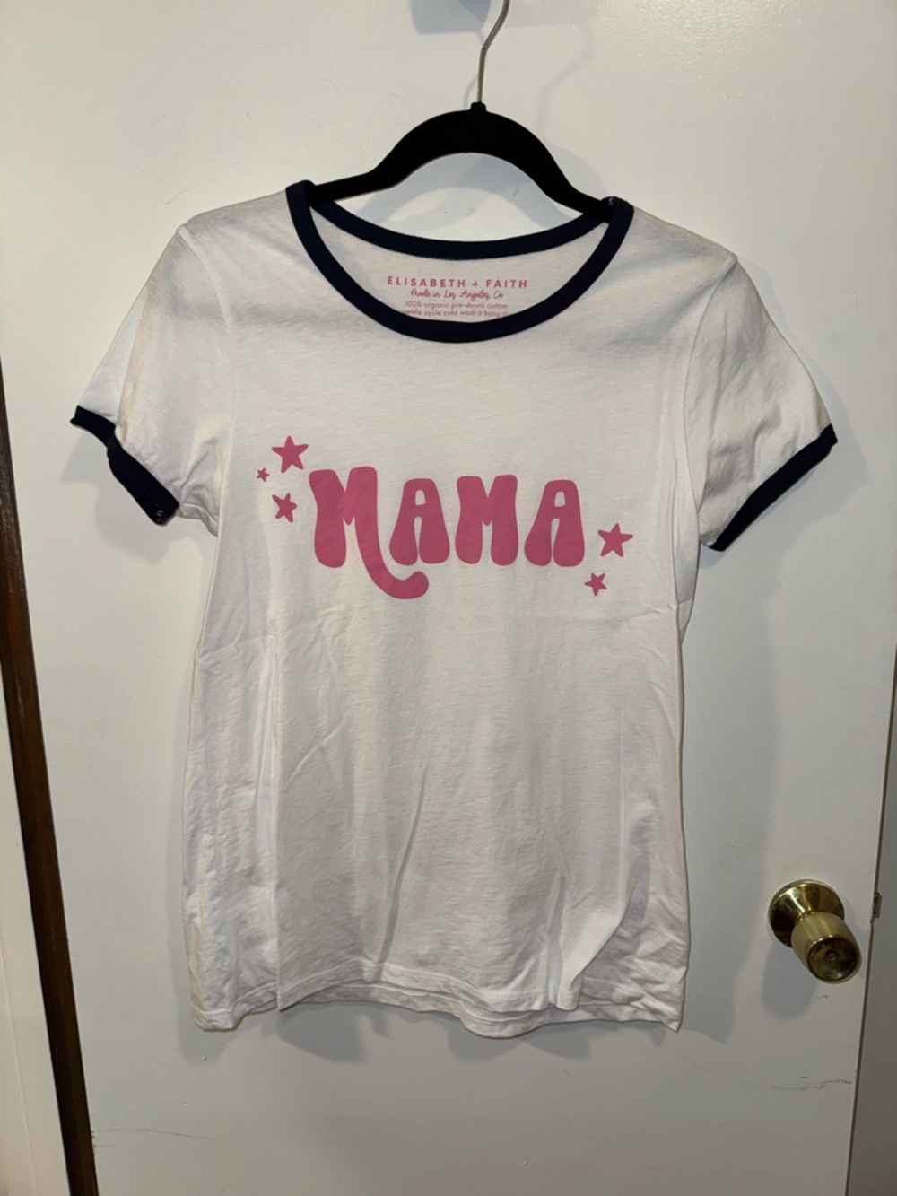 “MAMA” Graphic Shirt Top White with Navy Blue Trim - Elisabeth + Faith - Size MD